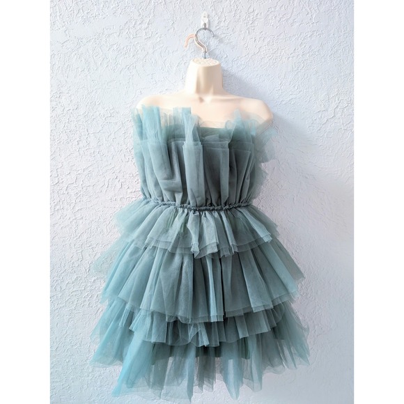 Mable Dresses & Skirts - MABLE Strapless Fairycore Tulle Mini Dress Women S Sage Green Tiered Ruffle